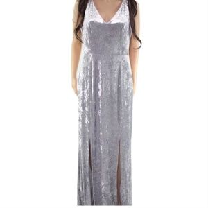 NWT Silver Velvet Open Back High Slit Gown Dress 4